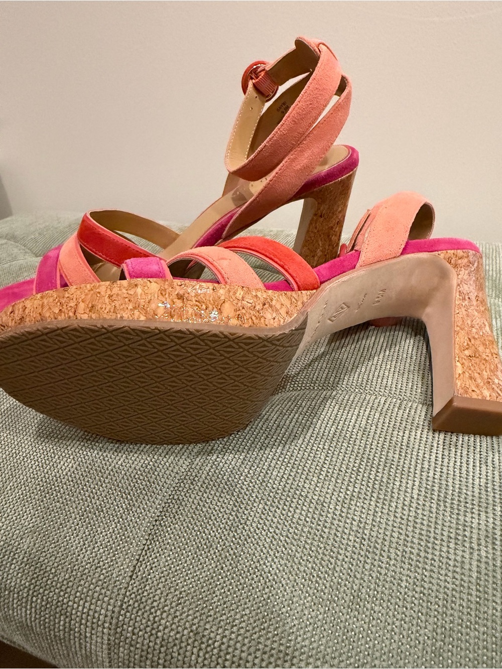 Donald J. Pliner Pink, Coral & Magenta Suede Cork Wedge Sandals - Picture 5 of 6